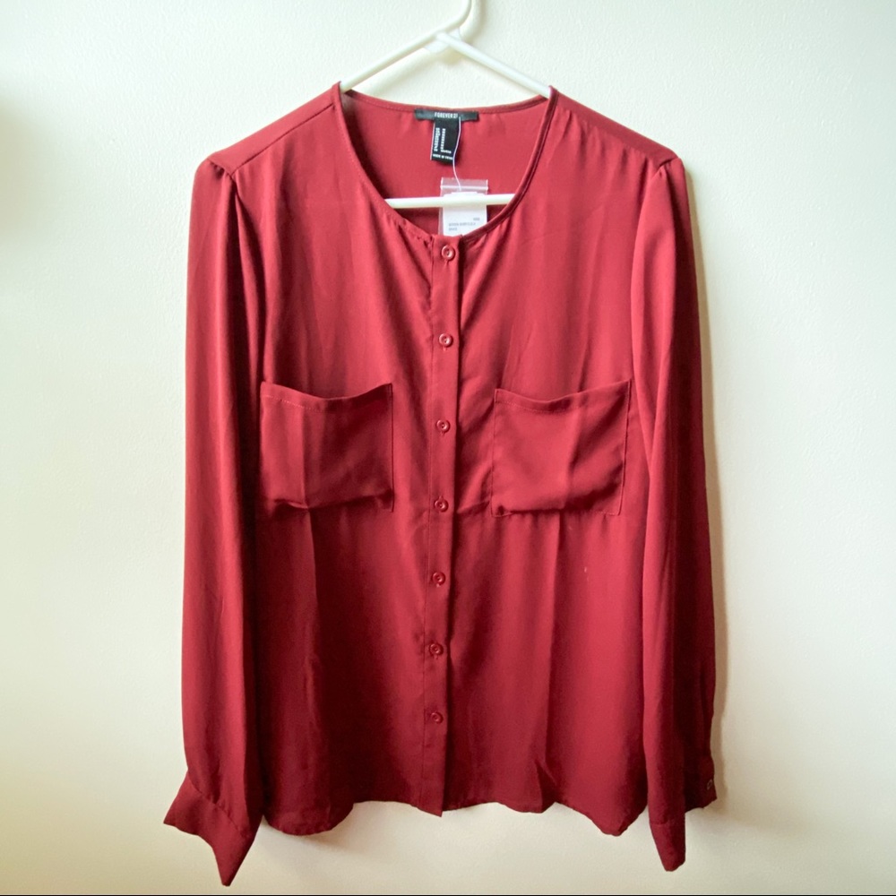 Forever 21 Burgundy Long Sleeve Work Blouse Shirt Size M